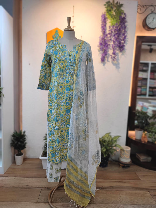 Women’s Cotton Printed Suit Set with Kota Dupatta – Floral Kurta with Pant