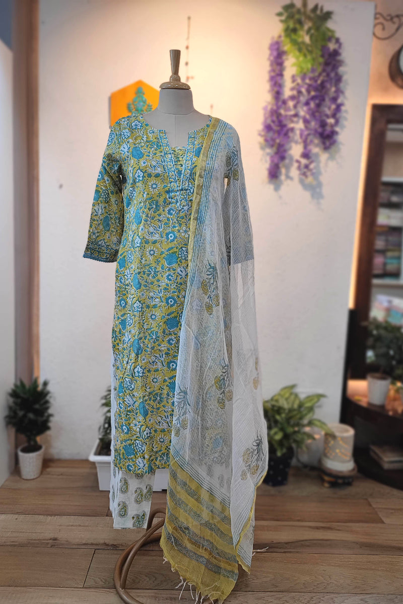 Women’s Cotton Printed Suit Set with Kota Dupatta – Floral Kurta with Pant