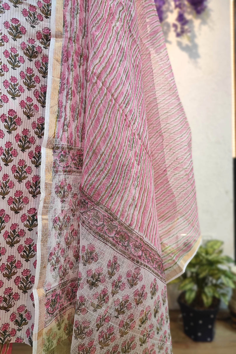 Pink Floral Cotton Suit Set with Kota Dupatta – Printed Kurta Pant Set