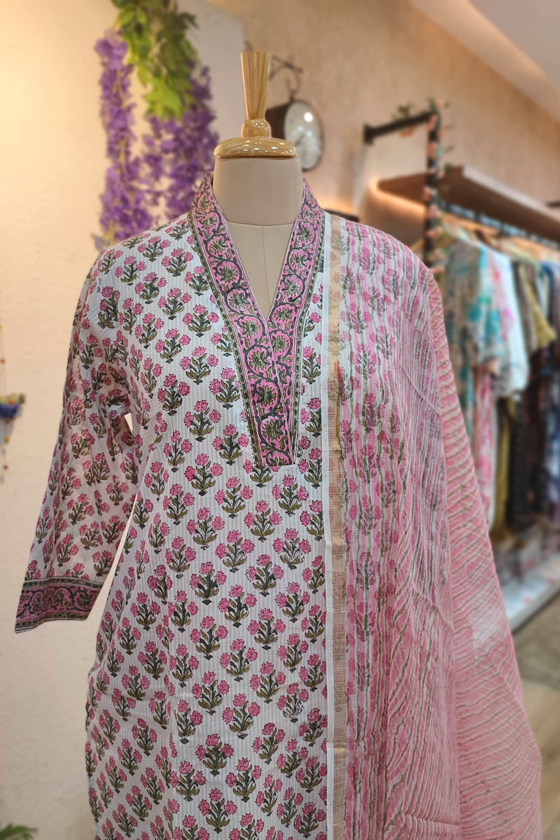 Pink Floral Cotton Suit Set with Kota Dupatta – Printed Kurta Pant Set