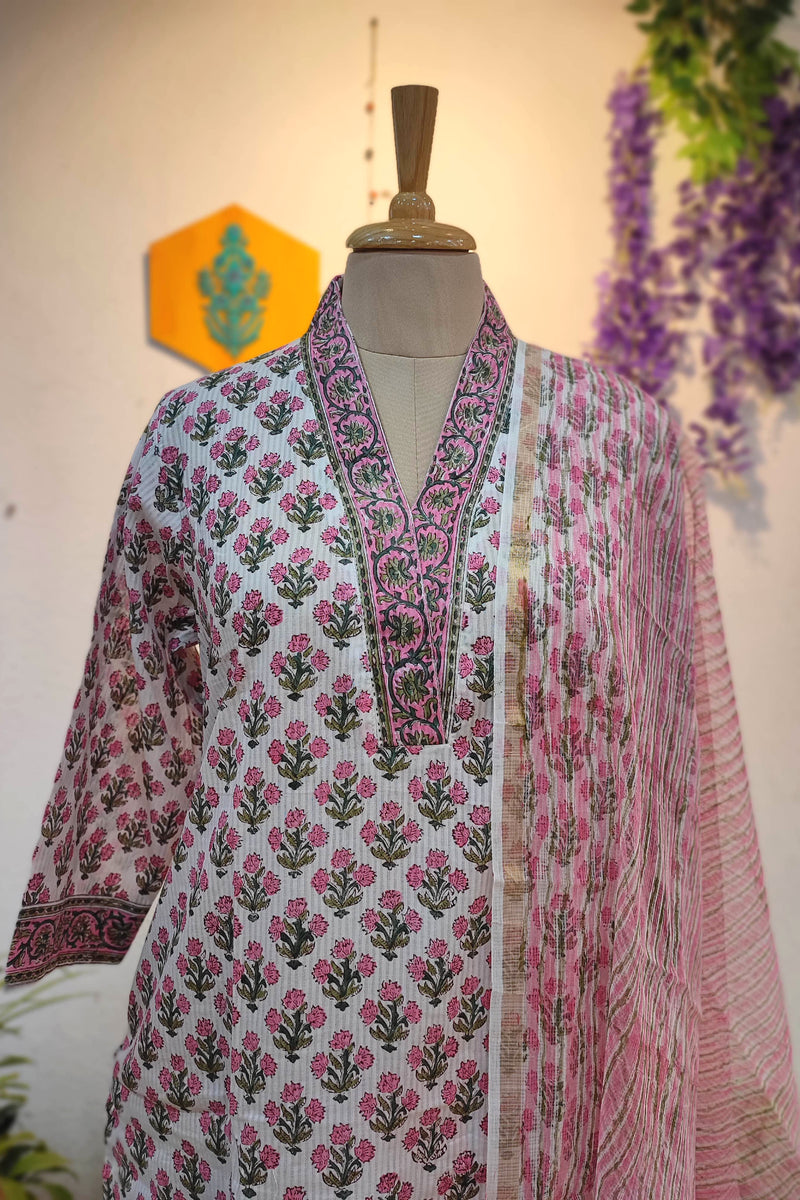 Pink Floral Cotton Suit Set with Kota Dupatta – Printed Kurta Pant Set