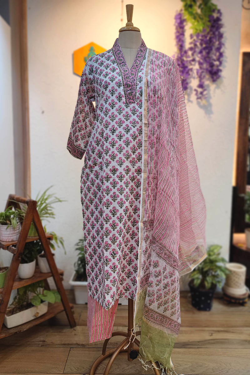 Pink Floral Cotton Suit Set with Kota Dupatta – Printed Kurta Pant Set