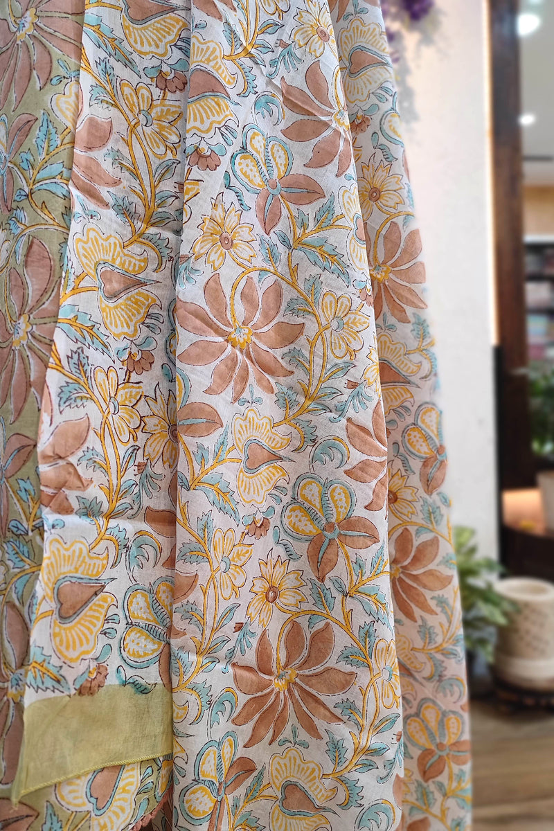 Pastel Floral Cotton Suit Set with Kota Dupatta – Printed Kurta Pant Set