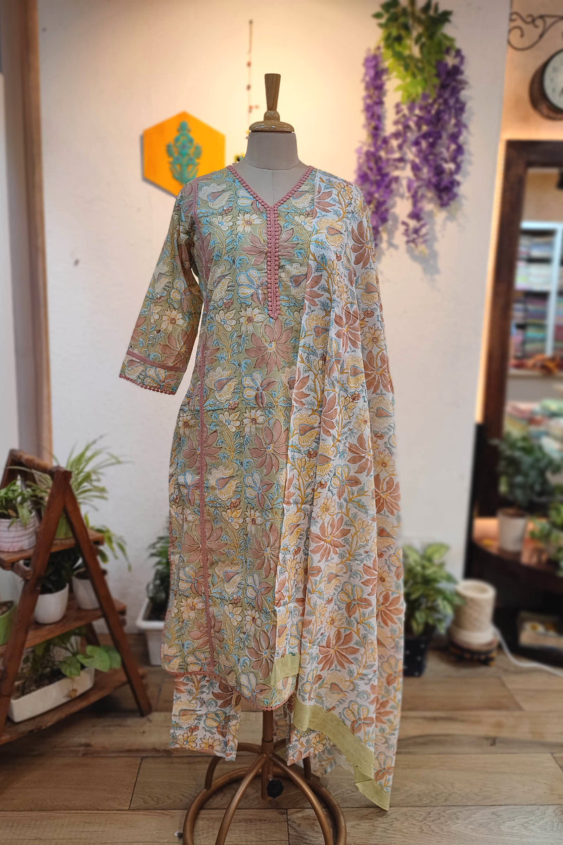 Pastel Floral Cotton Suit Set with Kota Dupatta – Printed Kurta Pant Set