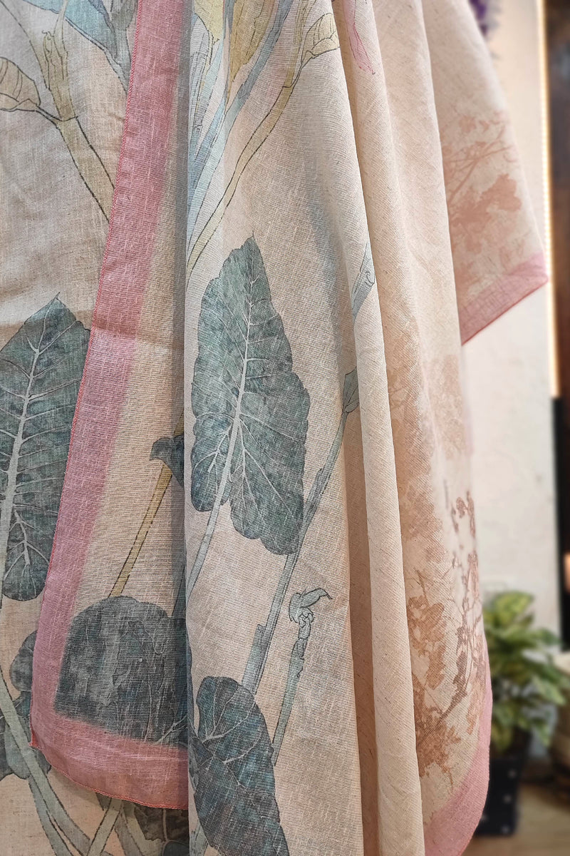 Beige Linen Cotton Suit Set with Embroidery and Printed Dupatta – Elegant Kurta Pant Set