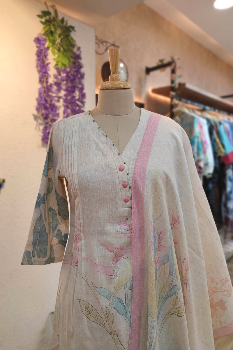 Beige Linen Cotton Suit Set with Embroidery and Printed Dupatta – Elegant Kurta Pant Set