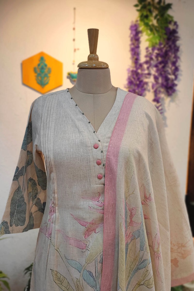 Beige Linen Cotton Suit Set with Embroidery and Printed Dupatta – Elegant Kurta Pant Set