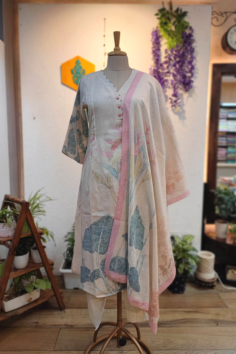 Beige Linen Cotton Suit Set with Embroidery and Printed Dupatta – Elegant Kurta Pant Set