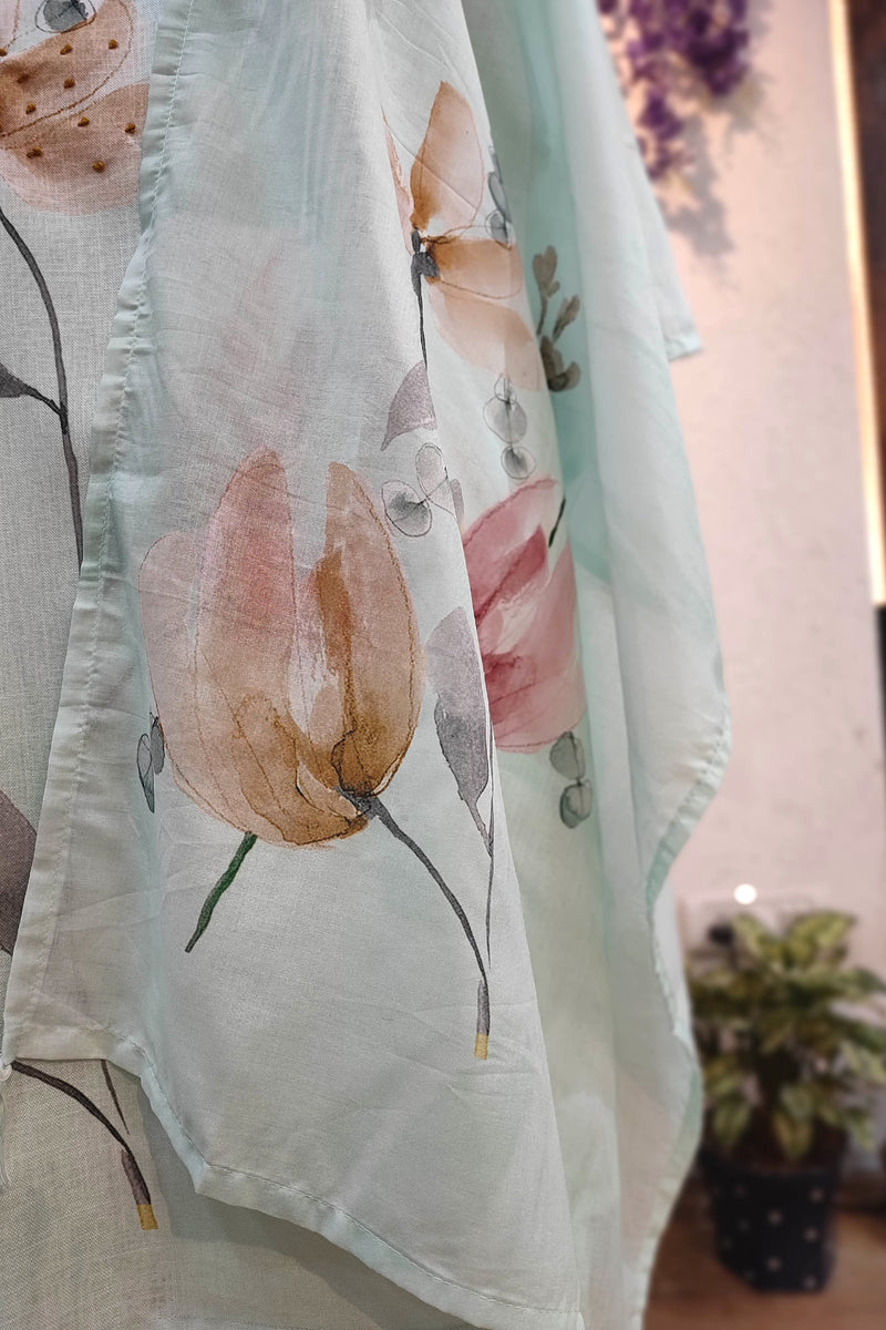 Sea Green Linen Cotton Suit Set with Embroidery Highlights – Printed Kurta Pant with Dupatta