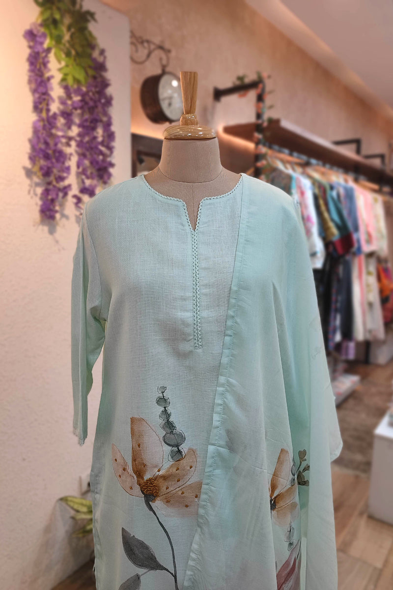 Sea Green Linen Cotton Suit Set with Embroidery Highlights – Printed Kurta Pant with Dupatta