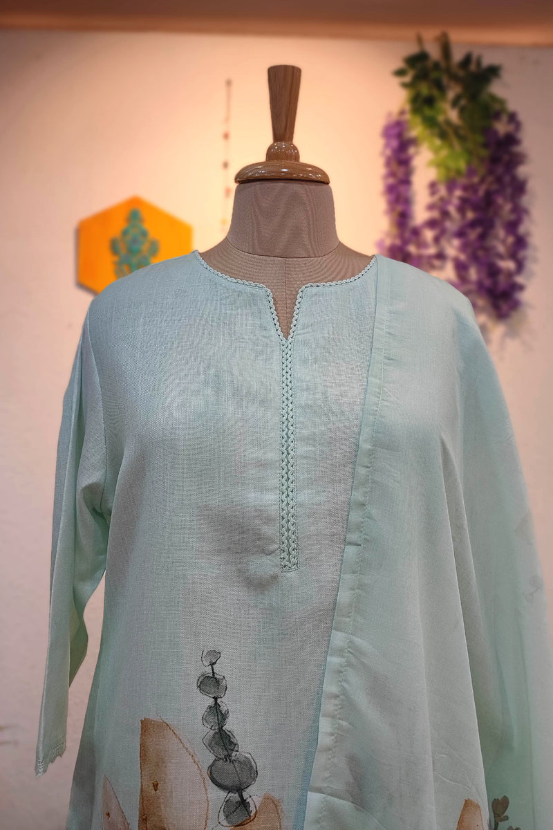 Sea Green Linen Cotton Suit Set with Embroidery Highlights – Printed Kurta Pant with Dupatta