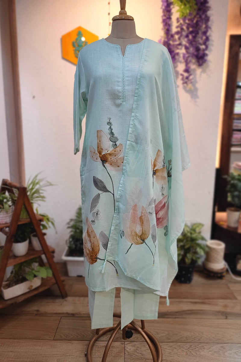 Sea Green Linen Cotton Suit Set with Embroidery Highlights – Printed Kurta Pant with Dupatta