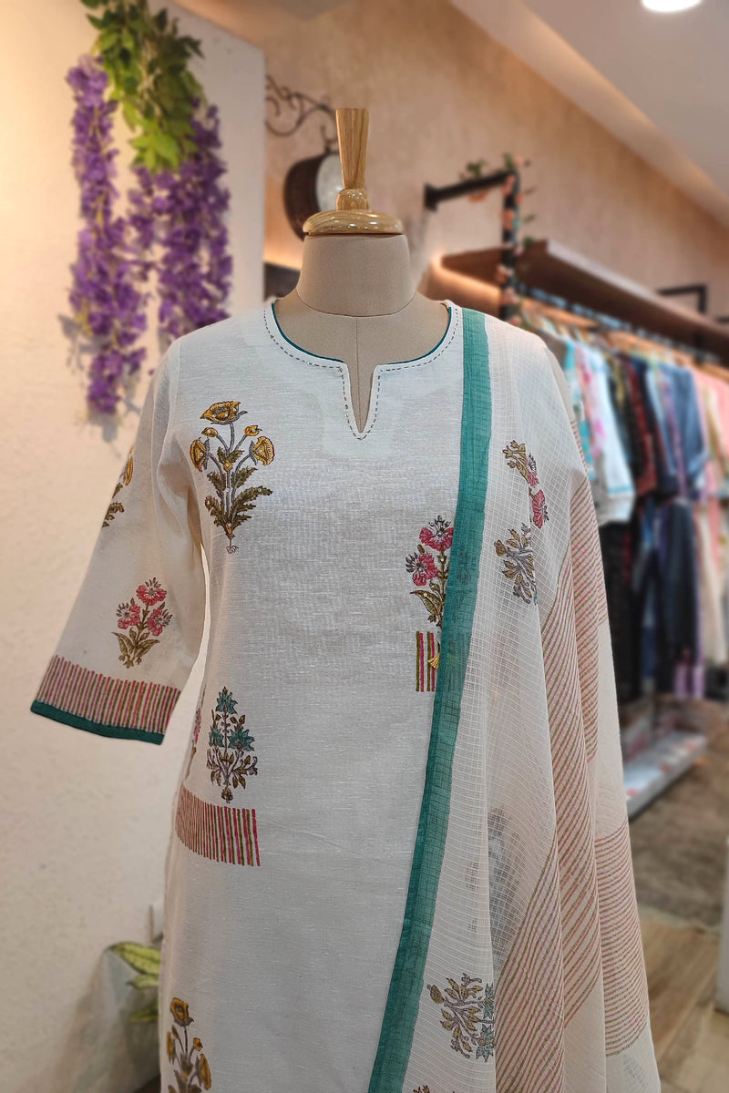Off-White Linen Cotton Suit Set with Embroidery Highlights and Kota Dupatta – Floral Kurta Pant Set