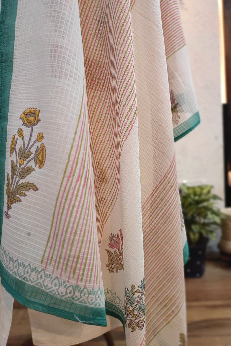 Off-White Linen Cotton Suit Set with Embroidery Highlights and Kota Dupatta – Floral Kurta Pant Set