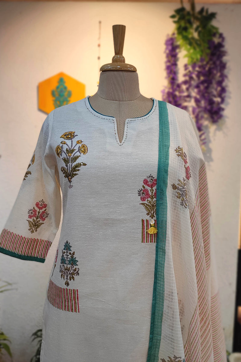 Off-White Linen Cotton Suit Set with Embroidery Highlights and Kota Dupatta – Floral Kurta Pant Set