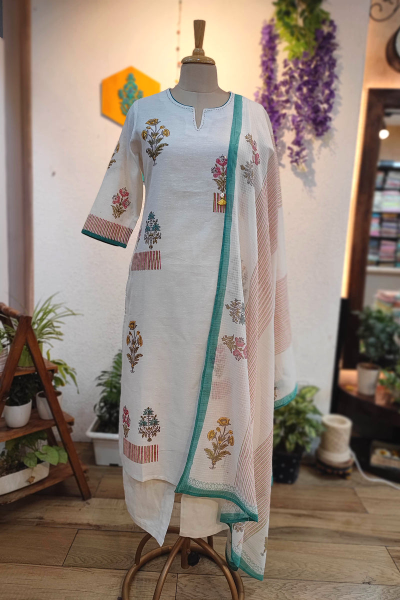 Off-White Linen Cotton Suit Set with Embroidery Highlights and Kota Dupatta – Floral Kurta Pant Set