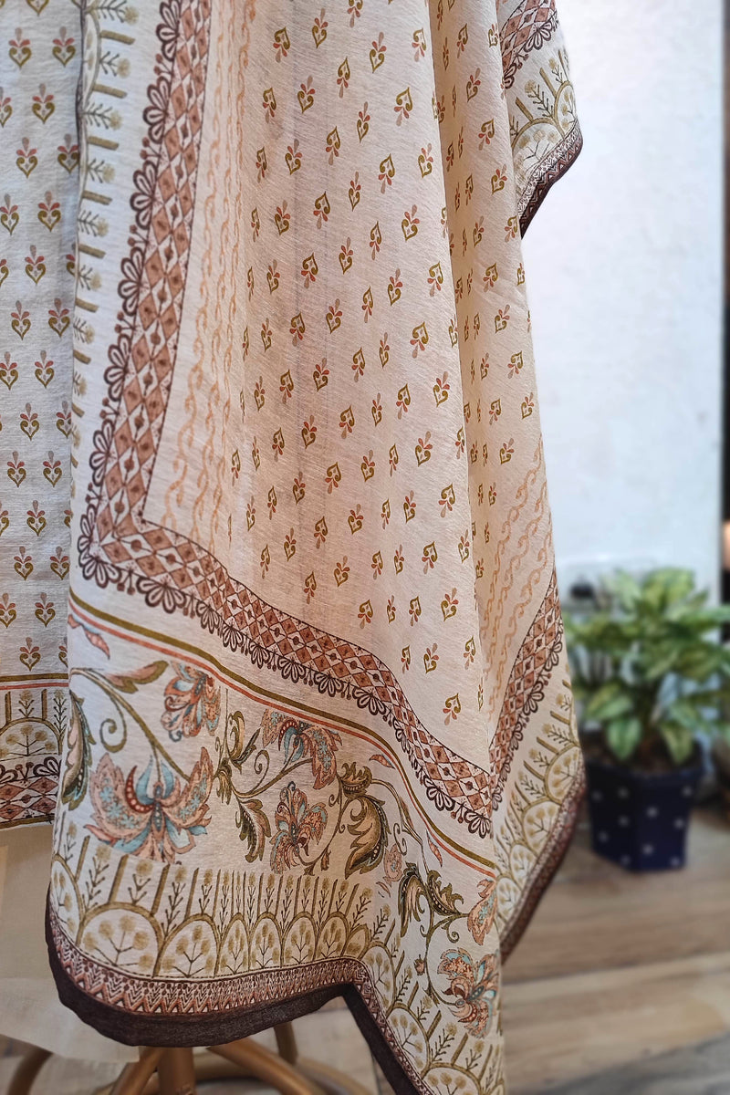 Beige Printed Crepe Silk Suit Set with Elegant Traditional Motifs and Dupatta