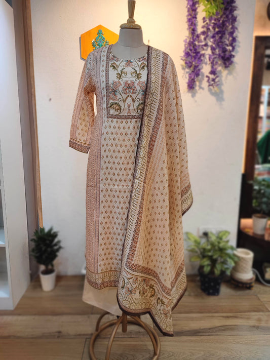 Beige Printed Crepe Silk Suit Set with Elegant Traditional Motifs and Dupatta