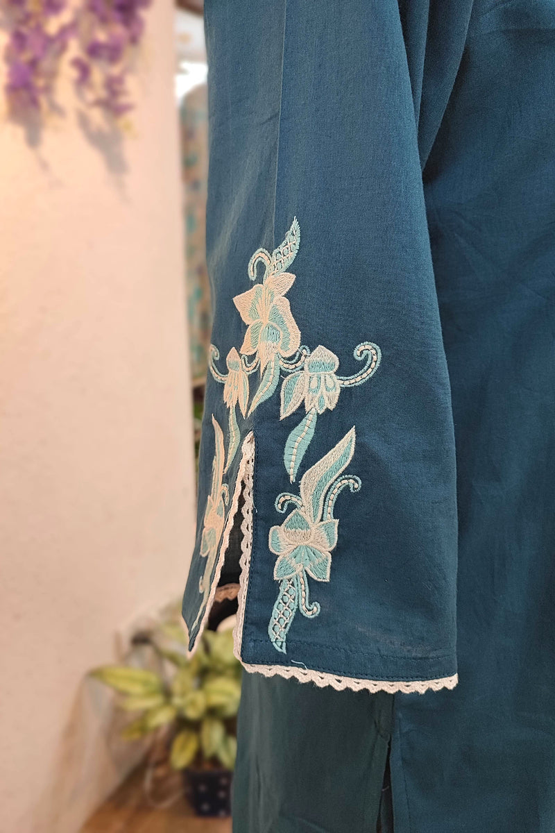 Teal Blue Cotton Suit Set with Embroidery Highlights – Elegant Kurta Pant with Dupatta