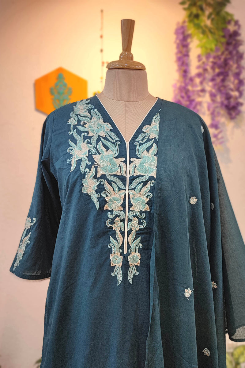 Teal Blue Cotton Suit Set with Embroidery Highlights – Elegant Kurta Pant with Dupatta