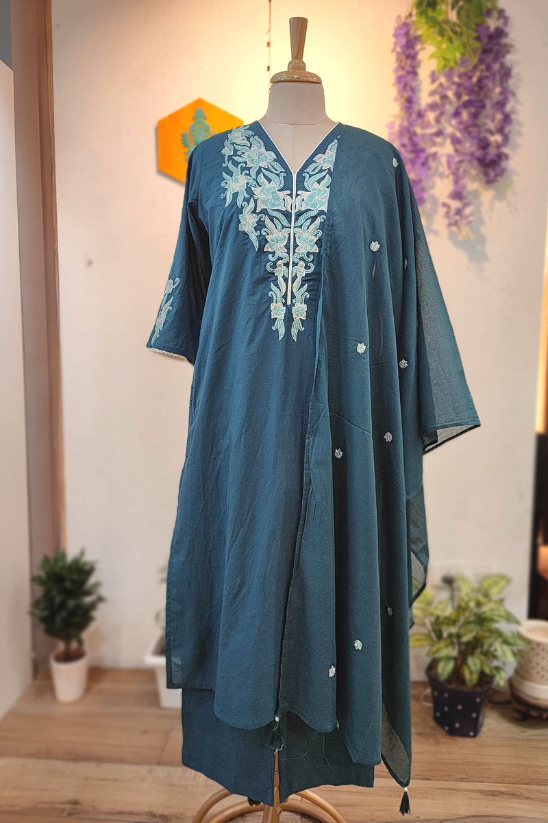 Teal Blue Cotton Suit Set with Embroidery Highlights – Elegant Kurta Pant with Dupatta