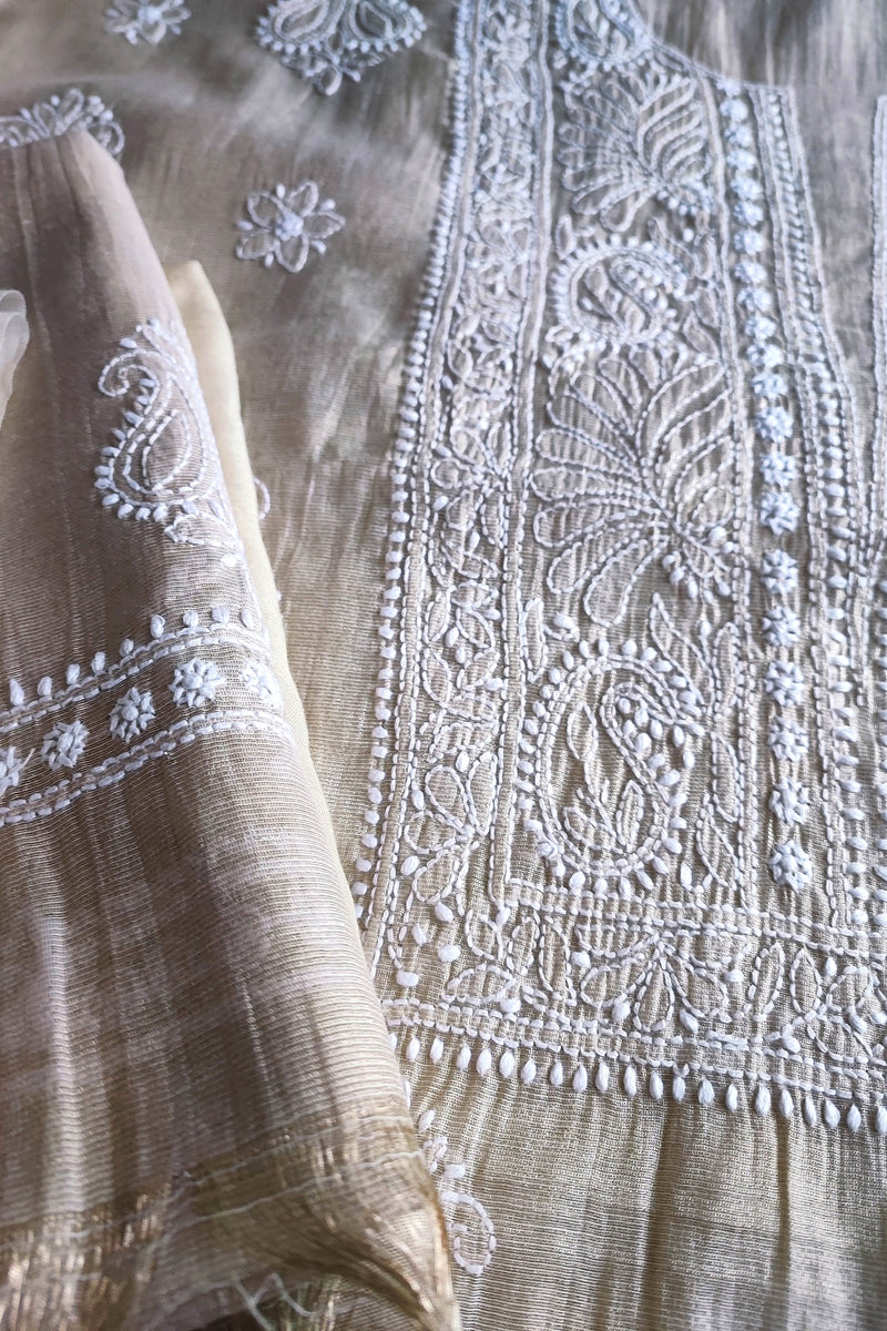 Beige Soft Mul Chanderi Tissue Lucknowi Kurta Suit Material with Intricate Embroidery, Dupatta and Cotton Bottom