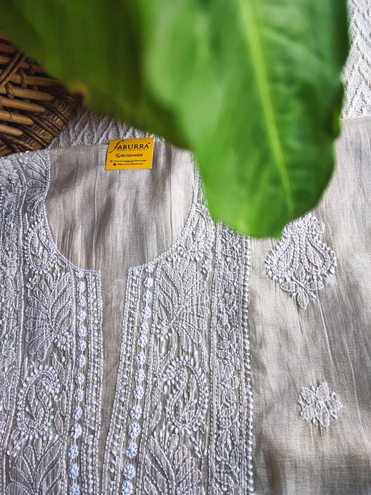 Beige Soft Mul Chanderi Tissue Lucknowi Kurta Suit Material with Intricate Embroidery, Dupatta and Cotton Bottom