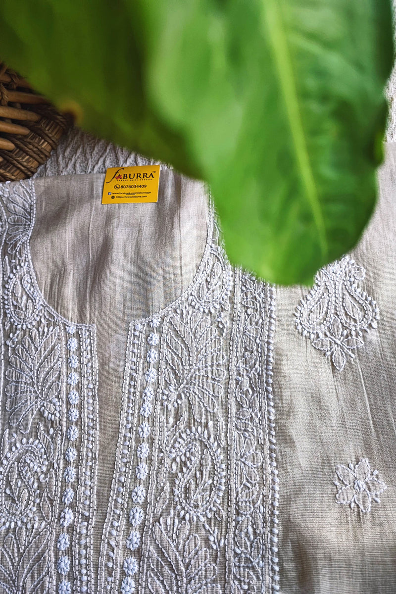 Beige Soft Mul Chanderi Tissue Lucknowi Kurta Suit Material with Intricate Embroidery, Dupatta and Cotton Bottom
