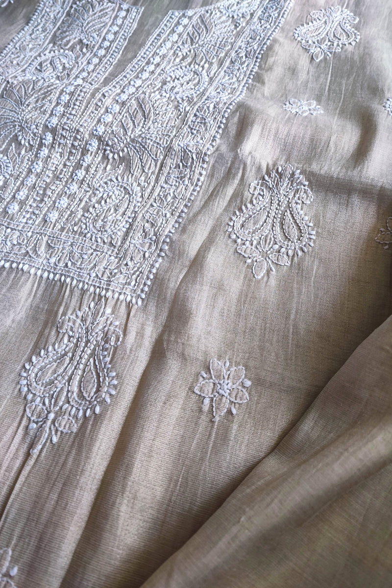 Beige Soft Mul Chanderi Tissue Lucknowi Kurta Suit Material with Intricate Embroidery, Dupatta and Cotton Bottom