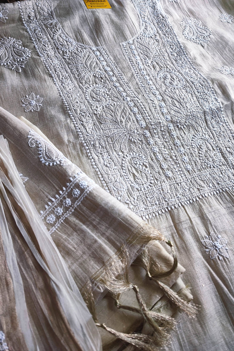 Beige Soft Mul Chanderi Tissue Lucknowi Kurta Suit Material with Intricate Embroidery, Dupatta and Cotton Bottom
