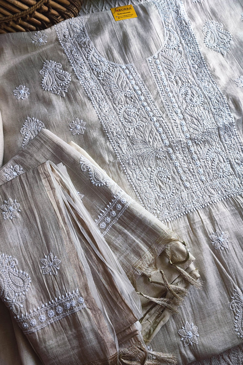 Beige Soft Mul Chanderi Tissue Lucknowi Kurta Suit Material with Intricate Embroidery, Dupatta and Cotton Bottom