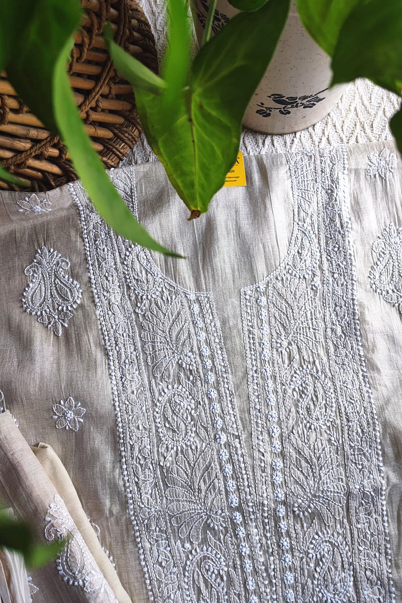 Beige Soft Mul Chanderi Tissue Lucknowi Kurta Suit Material with Intricate Embroidery, Dupatta and Cotton Bottom