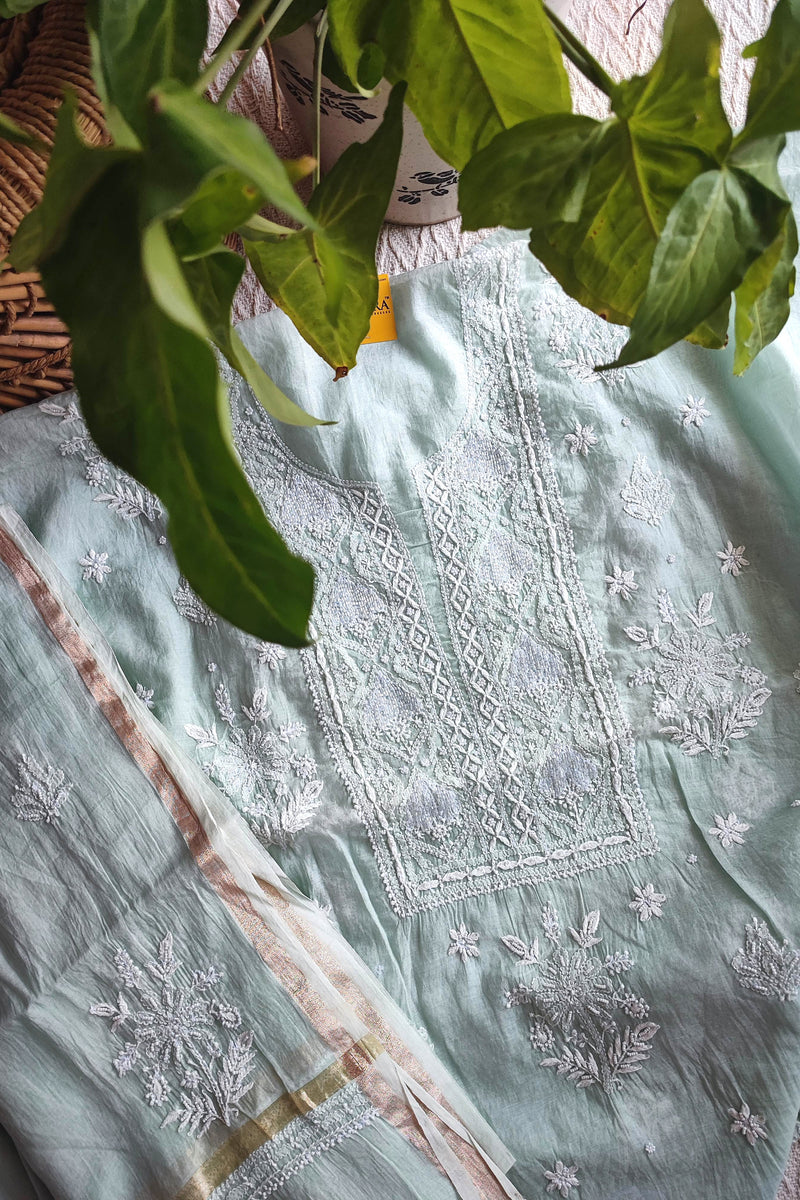 Light Green Mul Chanderi Silk Lucknowi Kurta Suit Material with Cutdana Work & Embroidery, Dupatta and Cotton Bottom