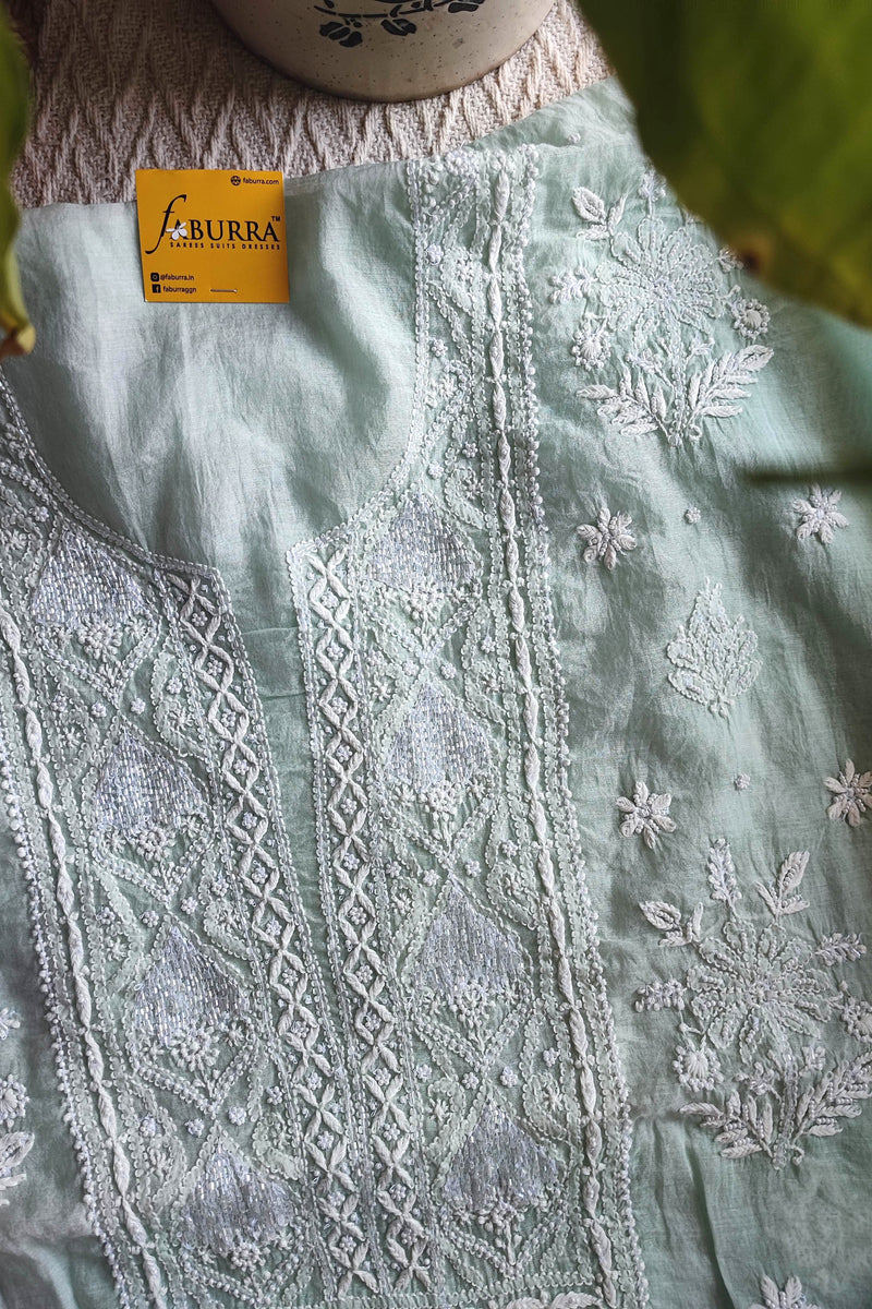 Light Green Mul Chanderi Silk Lucknowi Kurta Suit Material with Cutdana Work & Embroidery, Dupatta and Cotton Bottom
