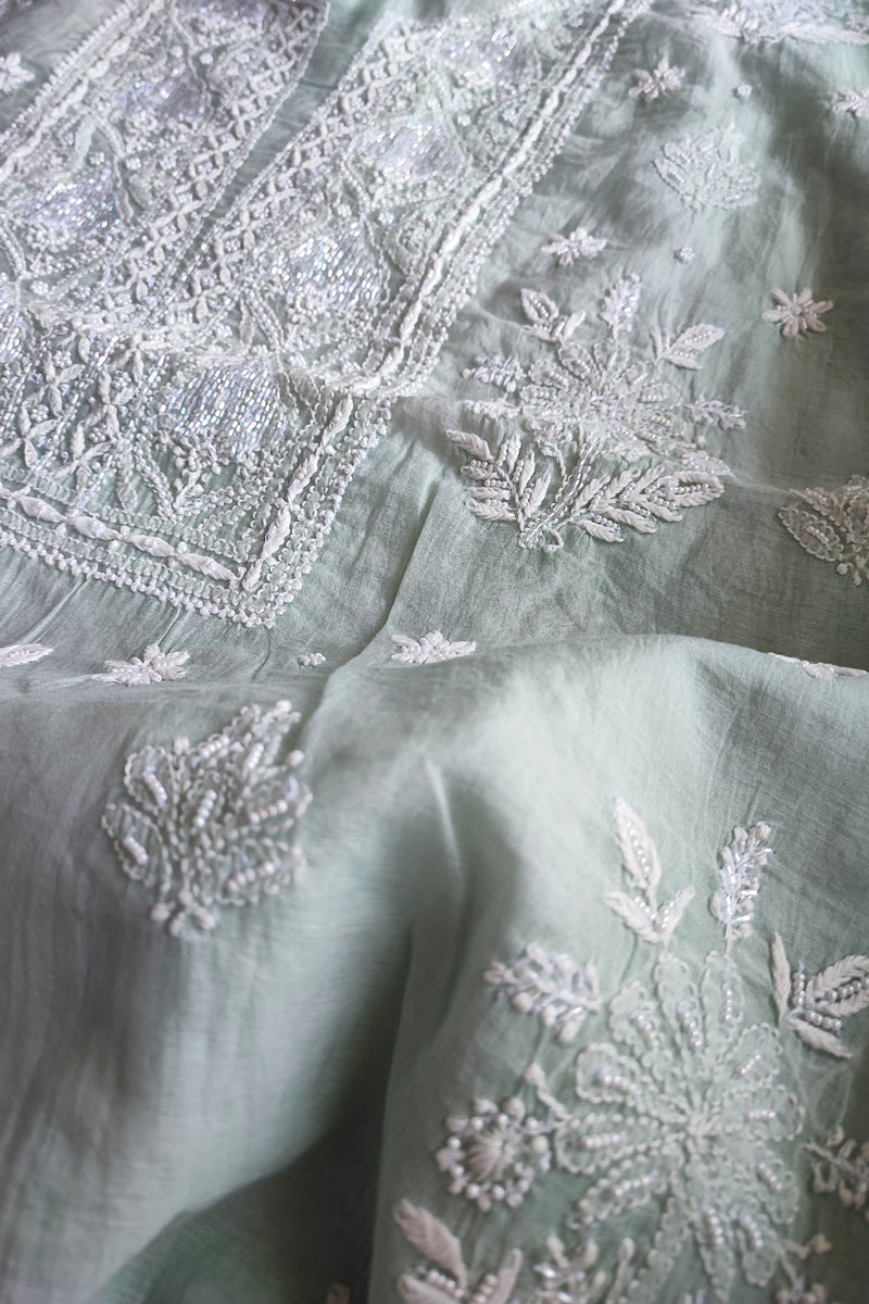 Light Green Mul Chanderi Silk Lucknowi Kurta Suit Material with Cutdana Work & Embroidery, Dupatta and Cotton Bottom