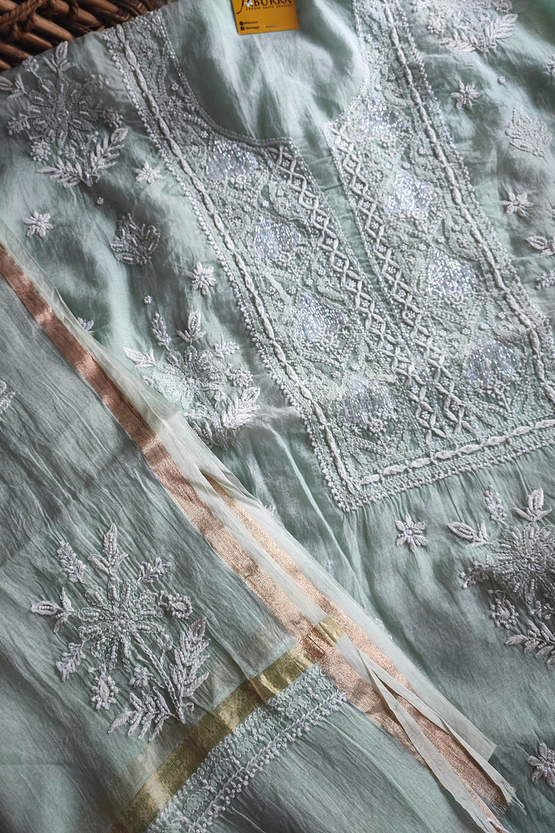 Light Green Mul Chanderi Silk Lucknowi Kurta Suit Material with Cutdana Work & Embroidery, Dupatta and Cotton Bottom