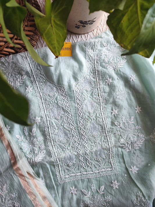 Light Green Mul Chanderi Silk Lucknowi Kurta Suit Material with Cutdana Work & Embroidery, Dupatta and Cotton Bottom