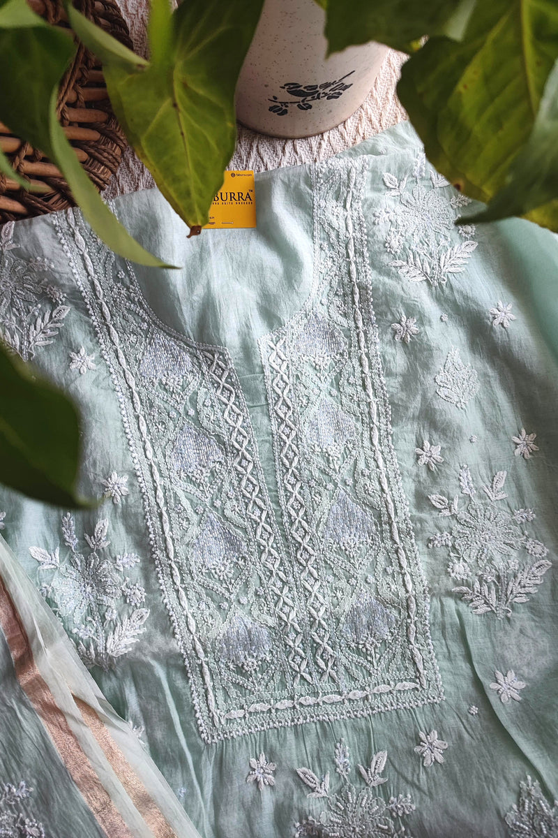 Light Green Mul Chanderi Silk Lucknowi Kurta Suit Material with Cutdana Work & Embroidery, Dupatta and Cotton Bottom