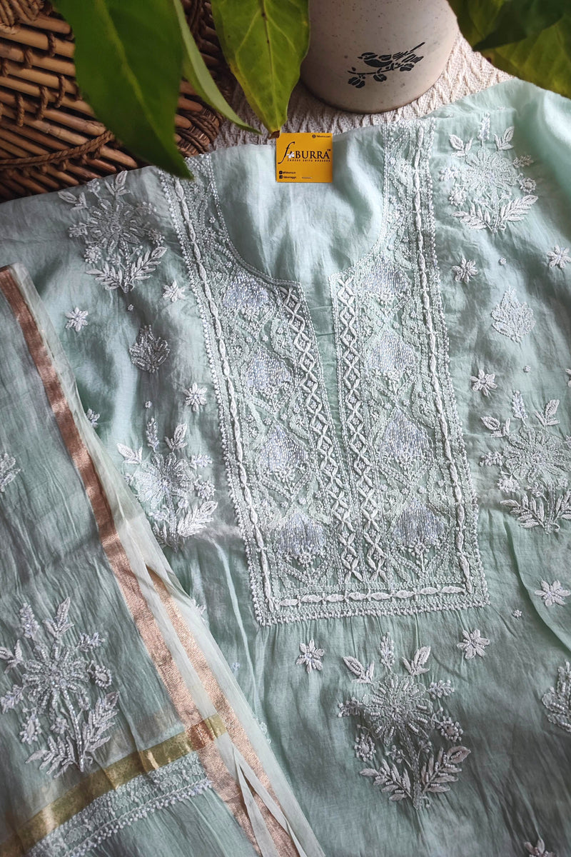 Light Green Mul Chanderi Silk Lucknowi Kurta Suit Material with Cutdana Work & Embroidery, Dupatta and Cotton Bottom