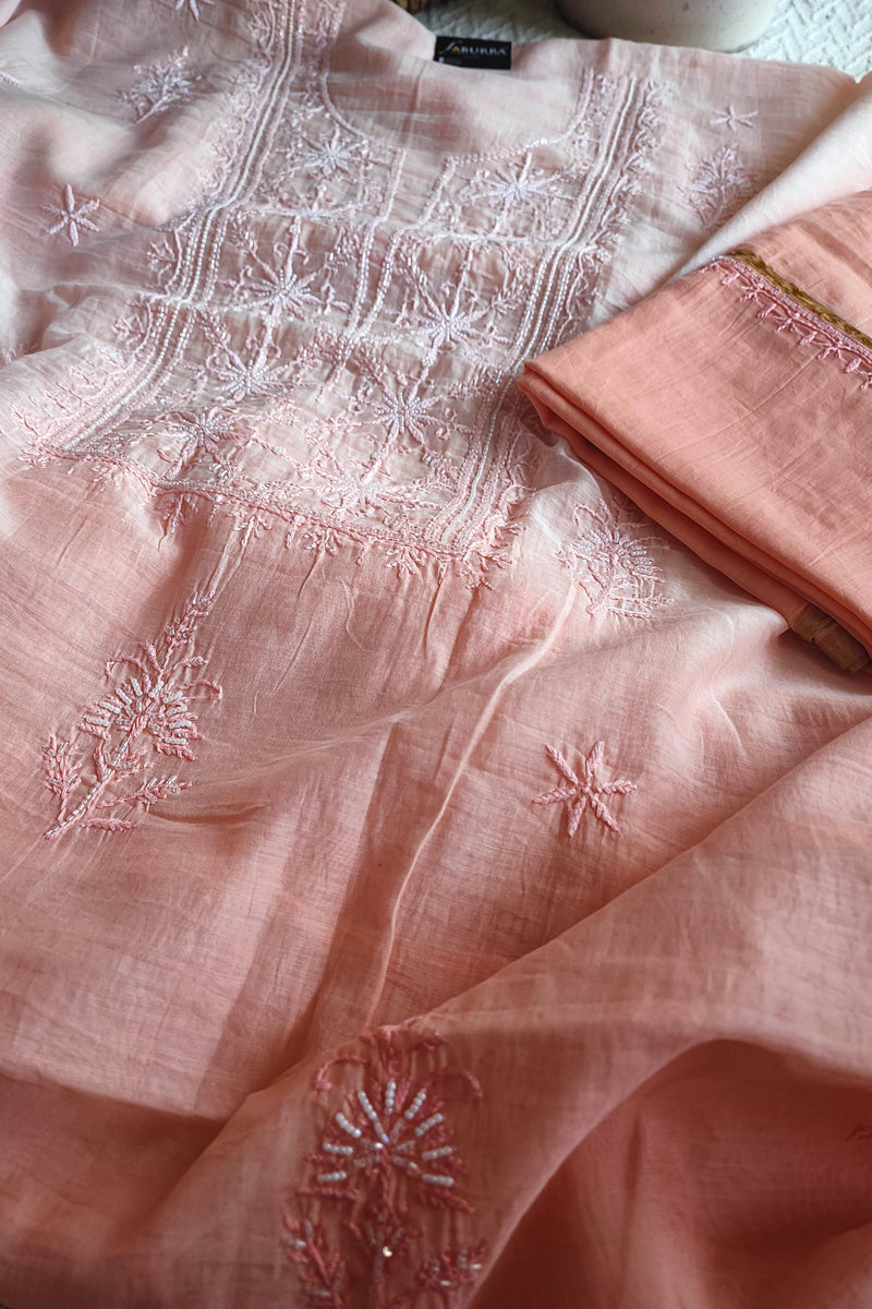 Peach Ombre Mul Chanderi Silk Lucknowi Kurta Suit Material with Pearl Work & Hand Embroidery, Dupatta and Cotton Bottom