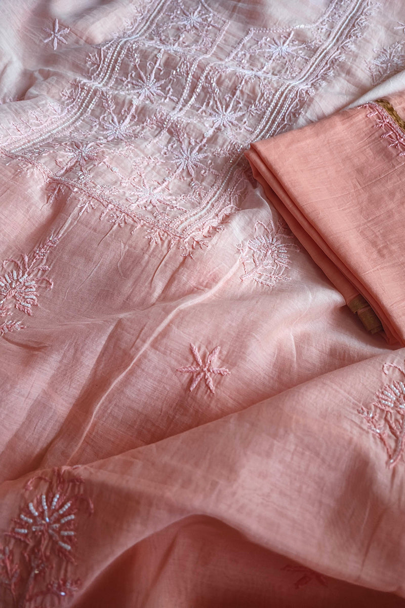 Peach Ombre Mul Chanderi Silk Lucknowi Kurta Suit Material with Pearl Work & Hand Embroidery, Dupatta and Cotton Bottom