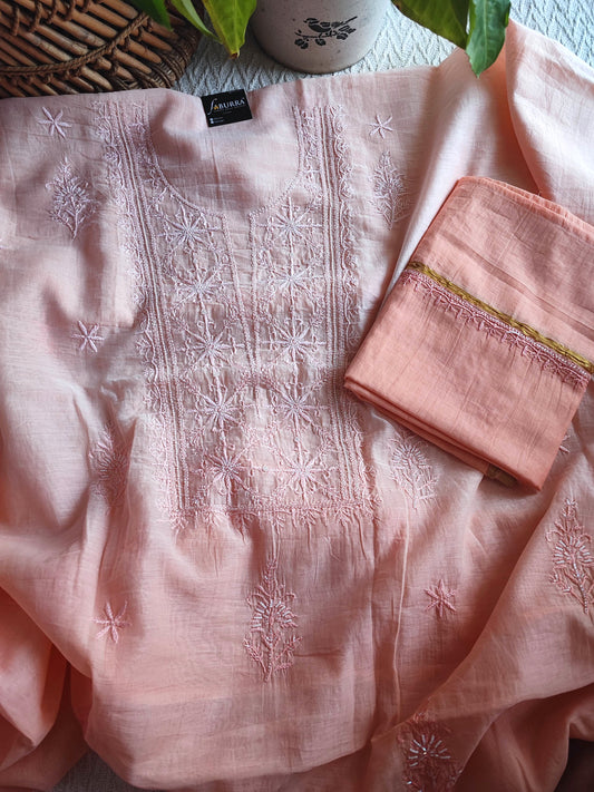 Peach Ombre Mul Chanderi Silk Lucknowi Kurta Suit Material with Pearl Work & Hand Embroidery, Dupatta and Cotton Bottom