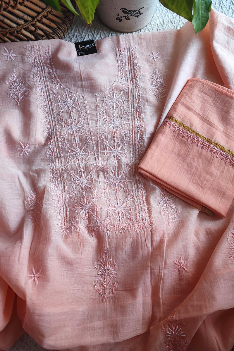 Peach Ombre Mul Chanderi Silk Lucknowi Kurta Suit Material with Pearl Work & Hand Embroidery, Dupatta and Cotton Bottom