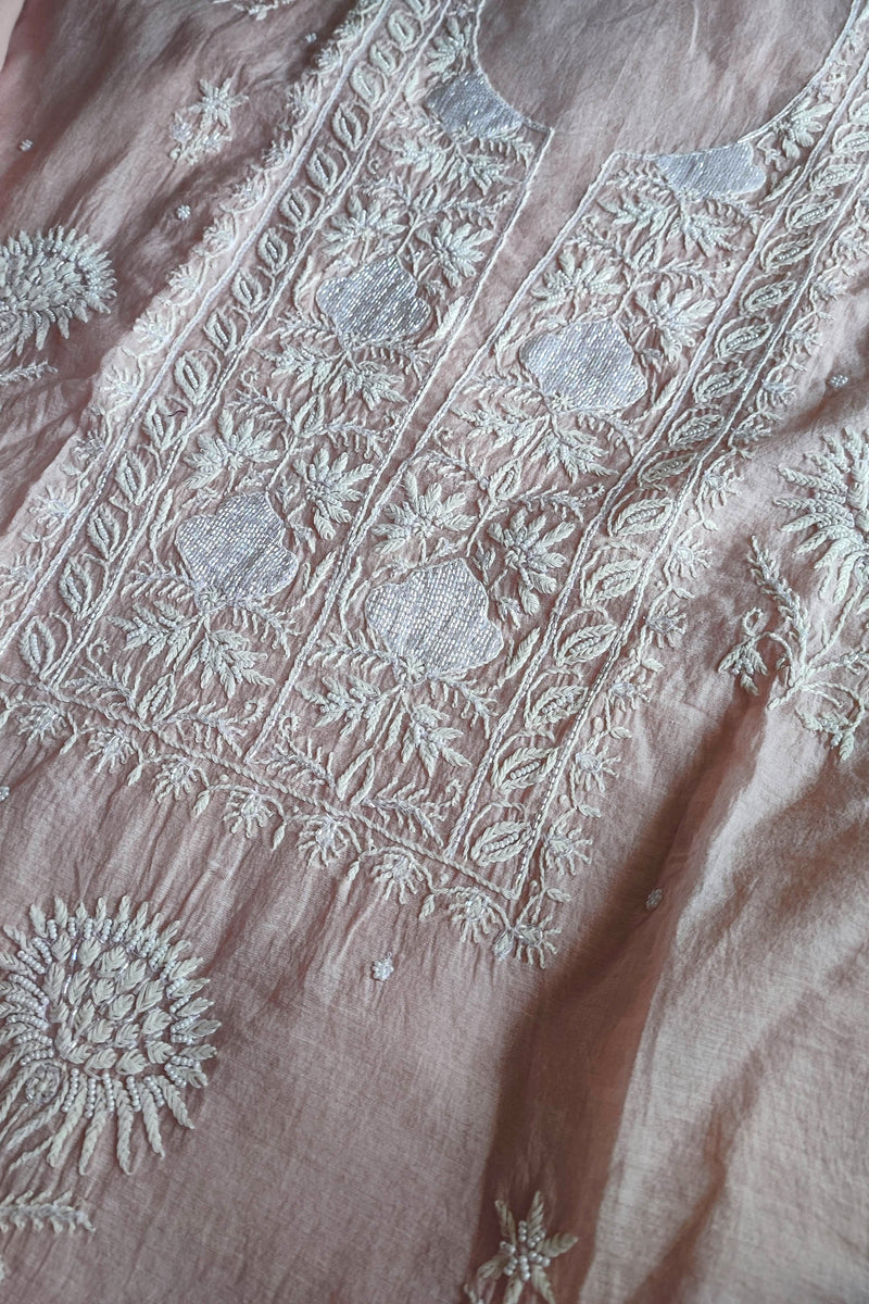 Baby Blush Pink Mul Chanderi Silk Lucknowi Kurta Suit Material with Cutdana Work & Embroidery, Dupatta and Cotton Bottom