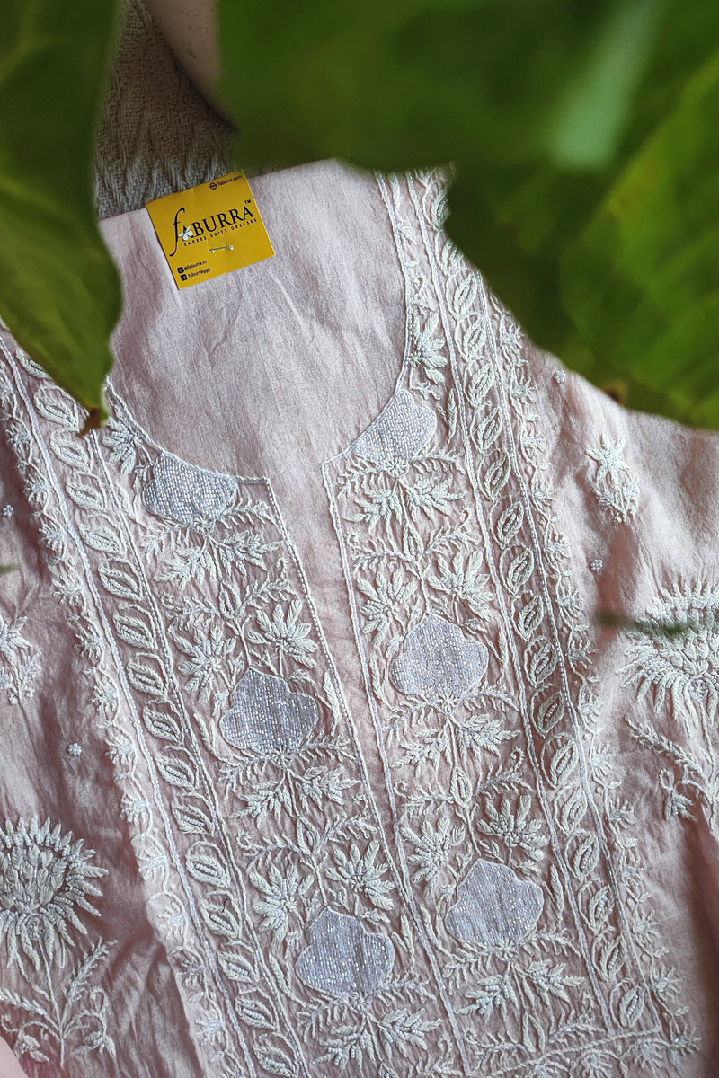 Baby Blush Pink Mul Chanderi Silk Lucknowi Kurta Suit Material with Cutdana Work & Embroidery, Dupatta and Cotton Bottom