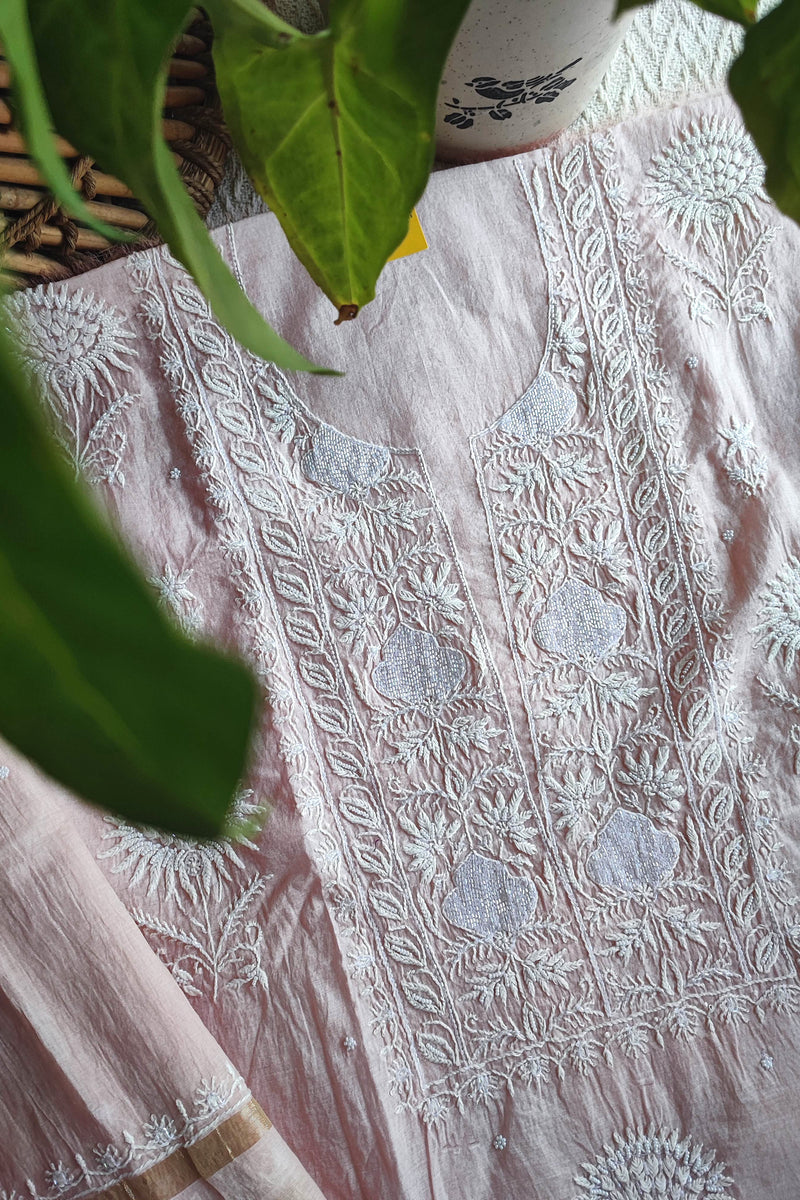Baby Blush Pink Mul Chanderi Silk Lucknowi Kurta Suit Material with Cutdana Work & Embroidery, Dupatta and Cotton Bottom