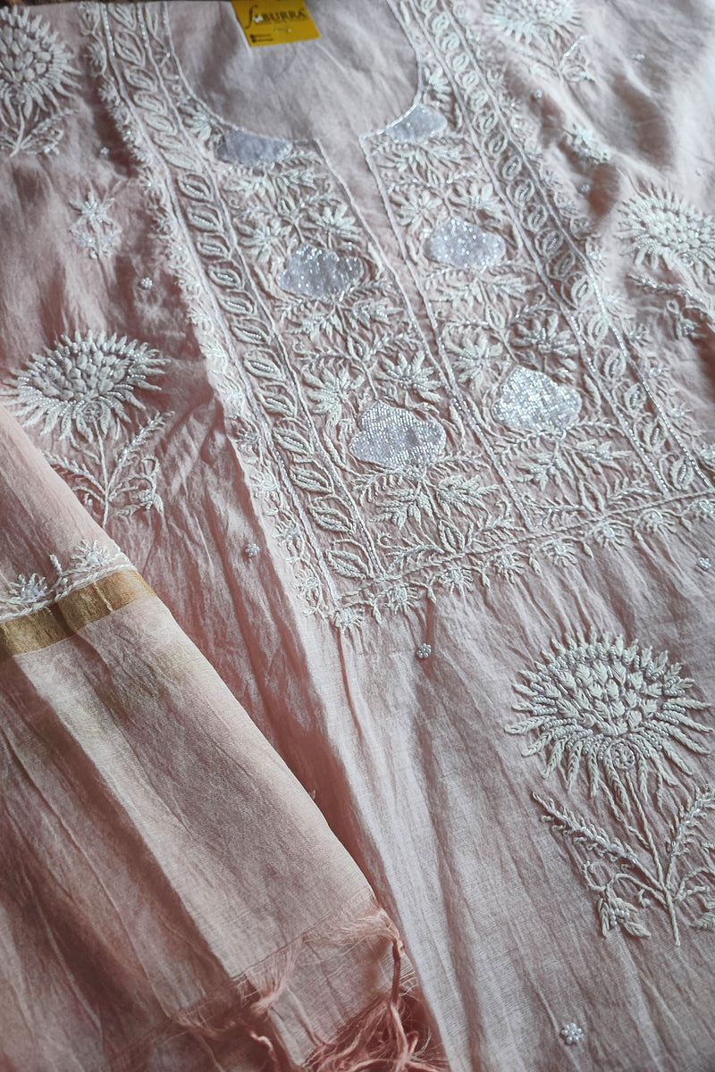 Baby Blush Pink Mul Chanderi Silk Lucknowi Kurta Suit Material with Cutdana Work & Embroidery, Dupatta and Cotton Bottom