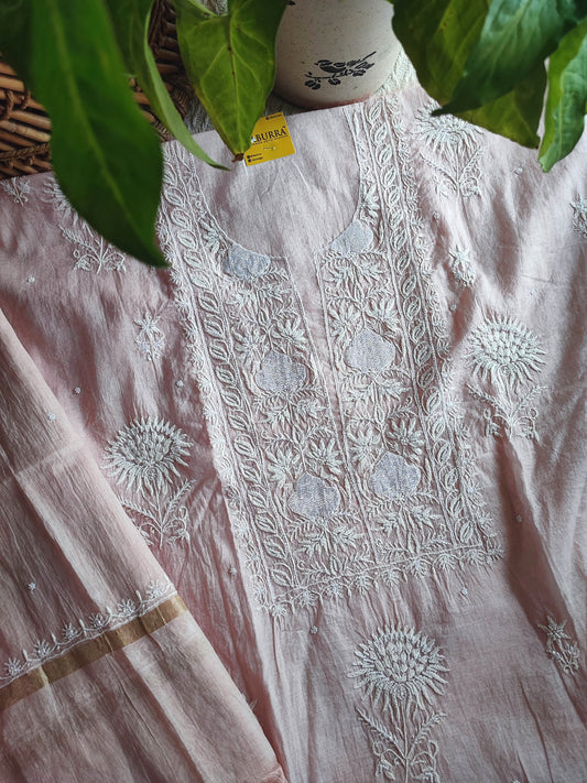Baby Blush Pink Mul Chanderi Silk Lucknowi Kurta Suit Material with Cutdana Work & Embroidery, Dupatta and Cotton Bottom