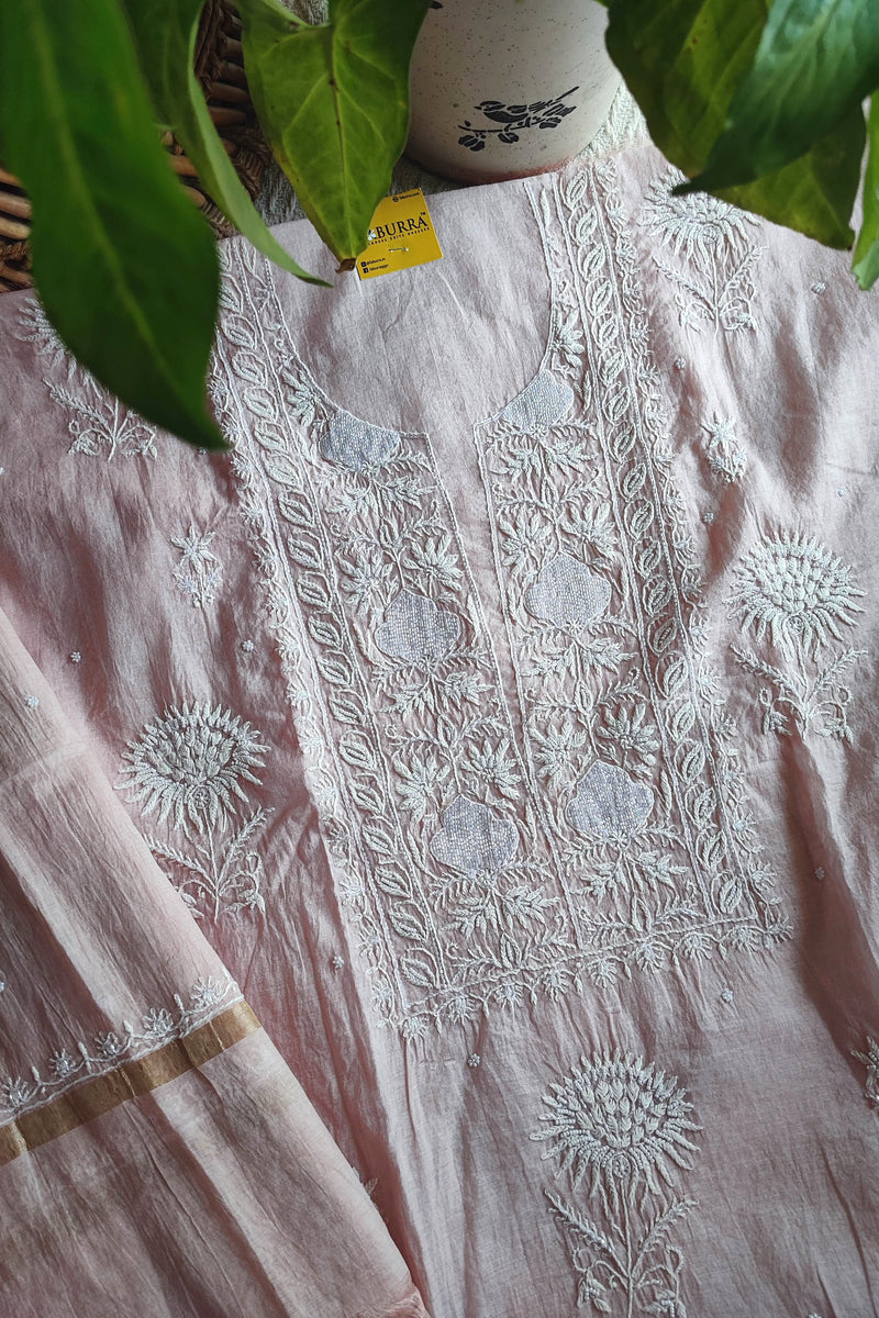 Baby Blush Pink Mul Chanderi Silk Lucknowi Kurta Suit Material with Cutdana Work & Embroidery, Dupatta and Cotton Bottom