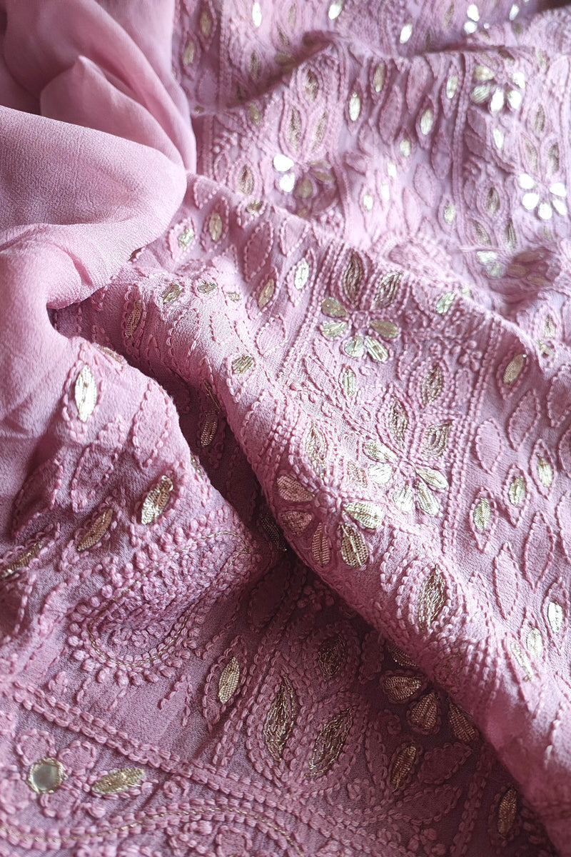 Blush Pink Georgette Lucknowi Kurta Suit Material with Gotta Patti Work & Embroidery, Dupatta and Cotton Bottom